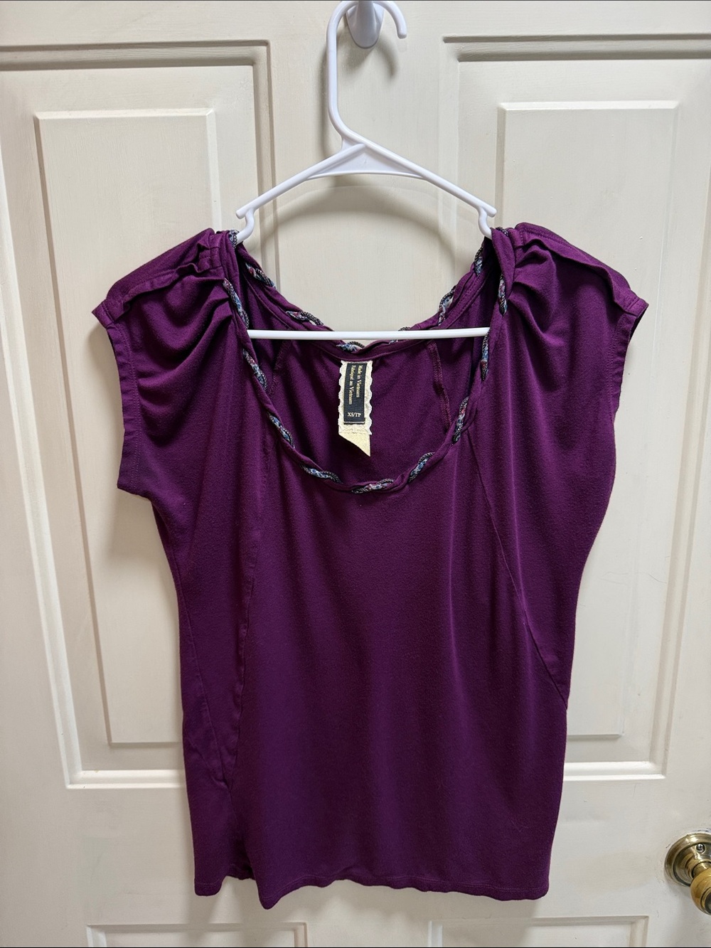 Purple Cap-Sleeve Blouse with Braided Neckline size XS